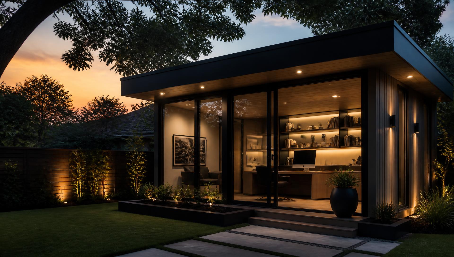 Modern backyard office pod at dusk in a North Texas backyard